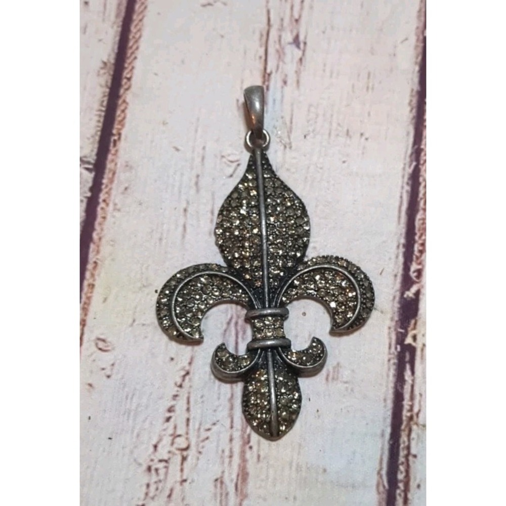 Fleur-de-Lis Pendant 3" Rhinestone Gunmetal Silver Tone Vintage Statement‎